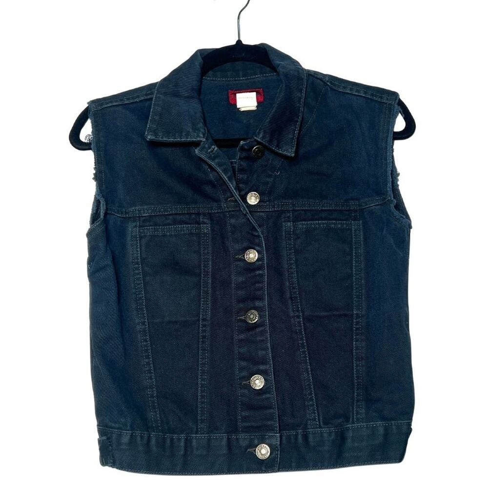 Vintage Dark Wash Denim Jean Fitted Cropped Biker Vest Old Navy Women's size sm